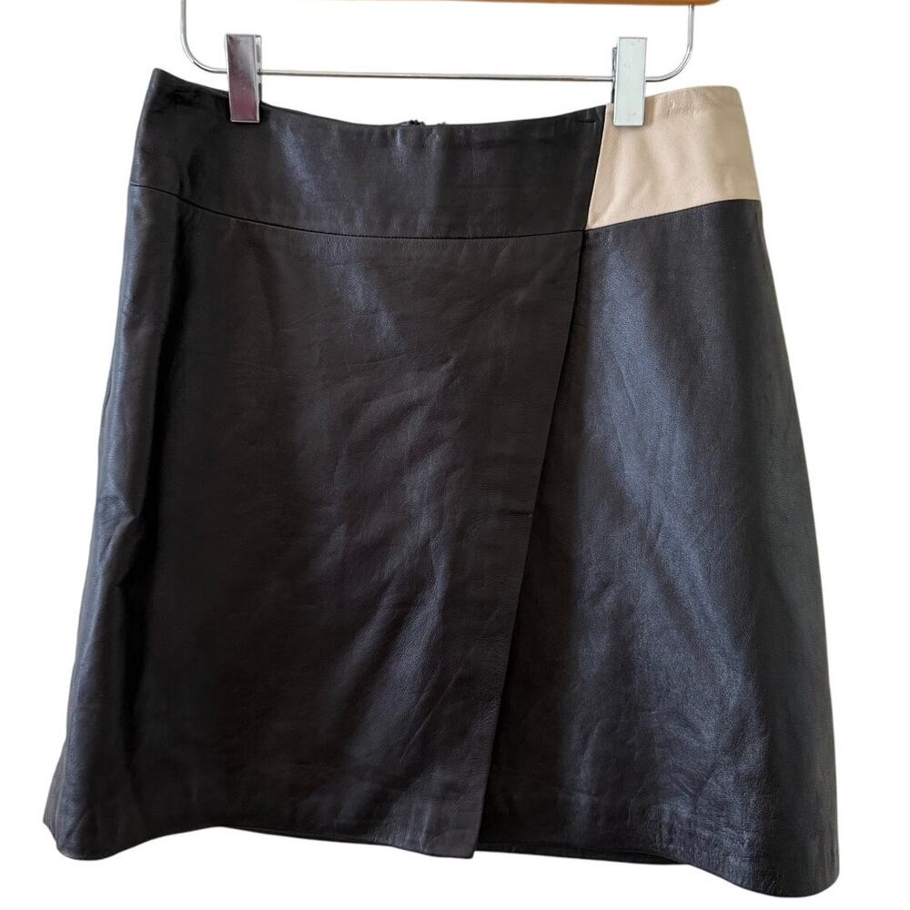 Halogen Nordstrom Two Tone Leather Faux Wrap Mini Skirt Black Tan 4